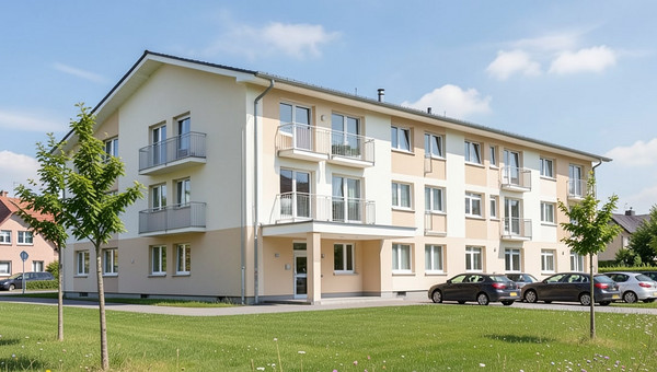 Moderne Pflegeimmobilie: viergeschossiges Wohngebäude mit französischen Balkonen in einem bayerischen Ort