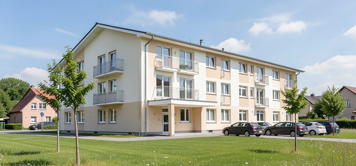 Moderne Pflegeimmobilie: viergeschossiges Wohngebäude mit französischen Balkonen in einem bayerischen Ort